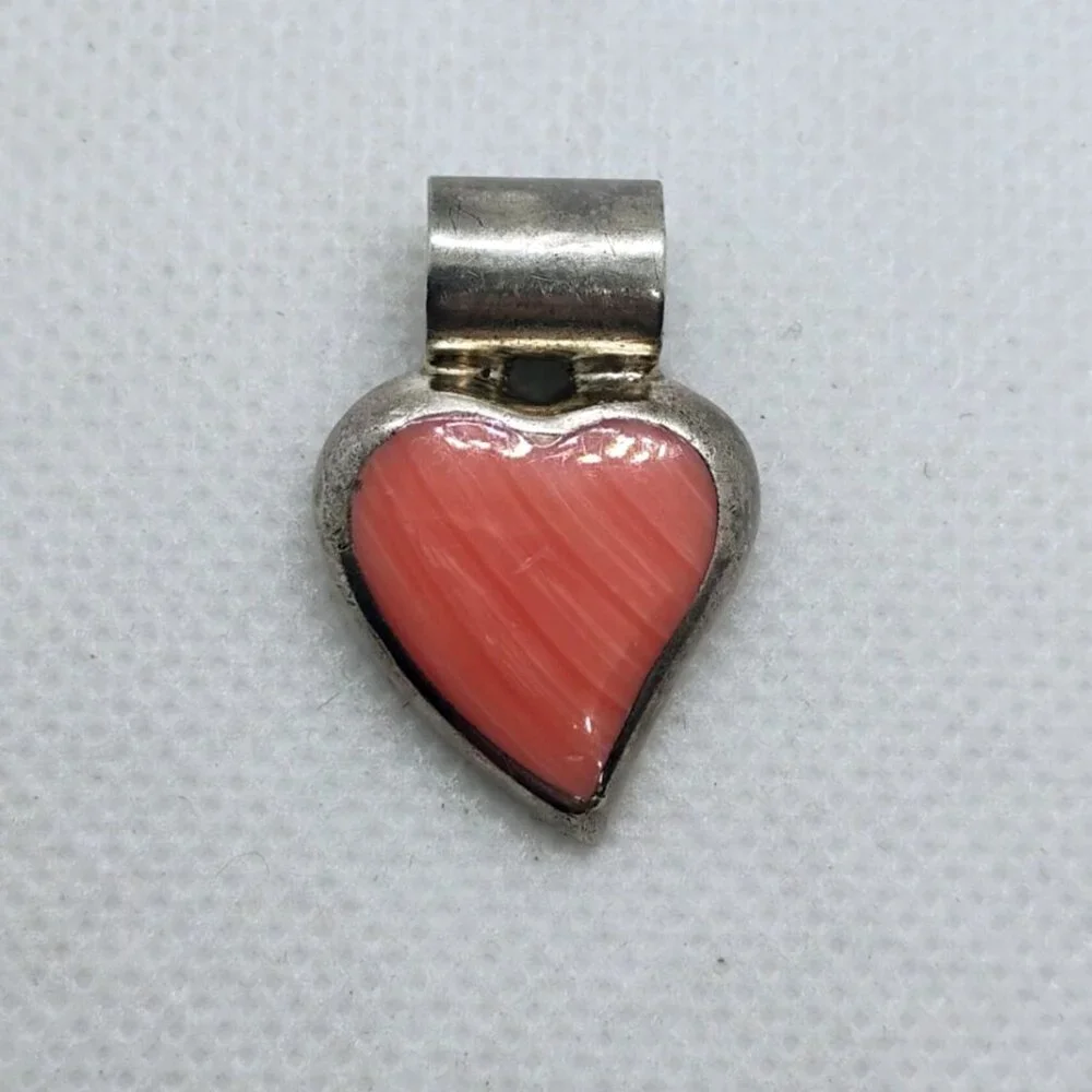 Vtg ATI 925 Mexico Sterling Silver Pink Rhodochrosite Heart Pendant - Picture 2 of 6